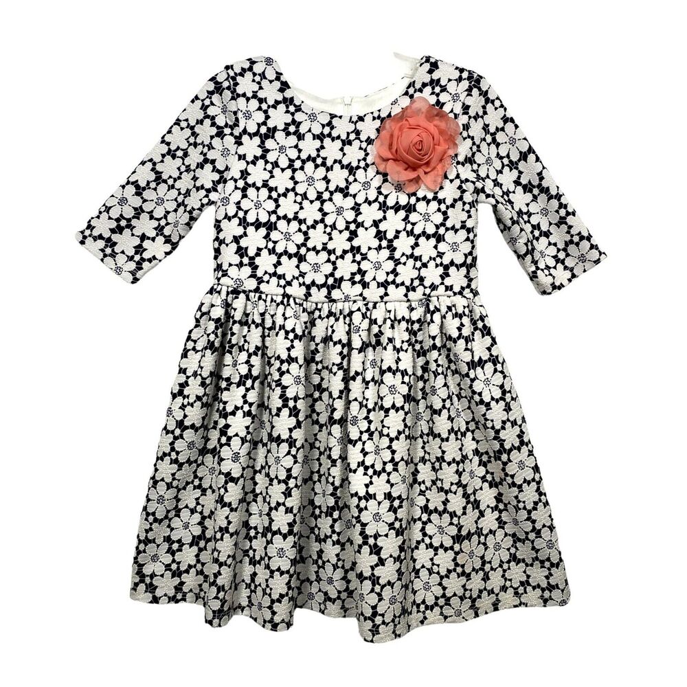Marmellata Dress Girls Size 6 Navy White Floral Raised Dot Texture Peach Flower